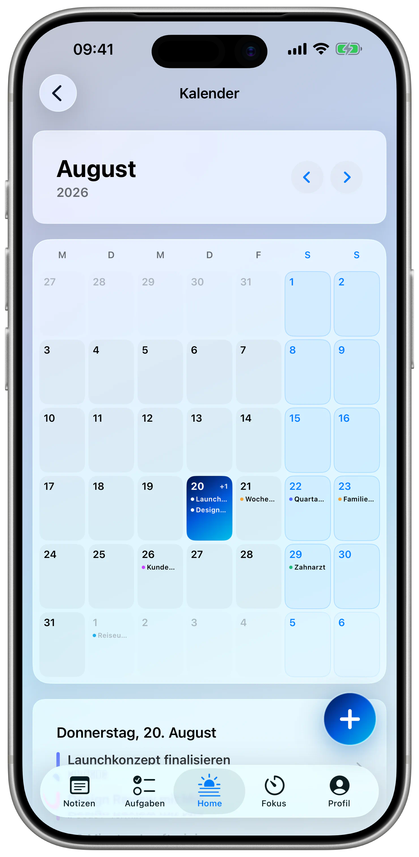 Monatskalender in iFocus Plus in einem iPhone-Gehäuse.