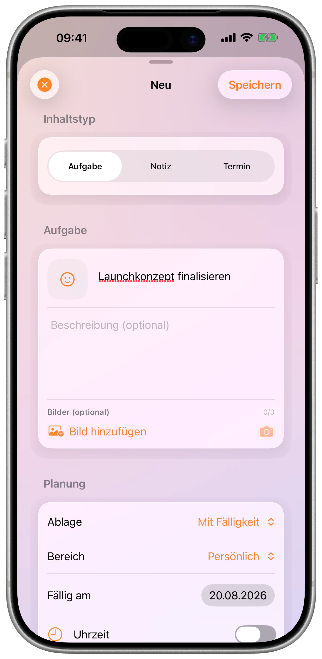Neue Aufgabe in iFocus Plus in einem iPhone-Gehäuse.