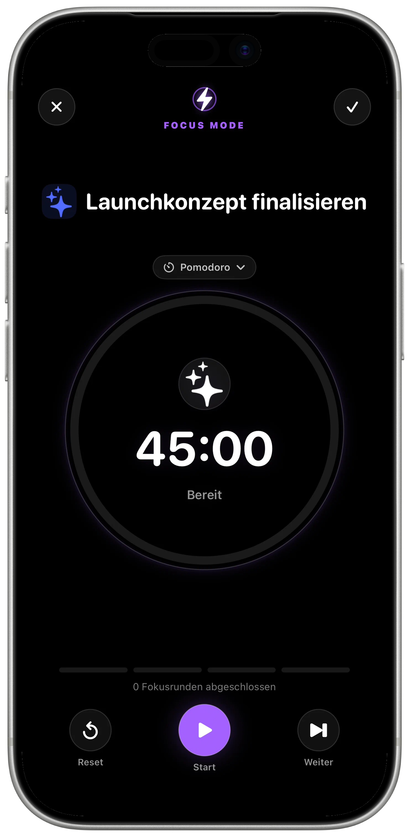 Fokusmodus mit Timer in einem iPhone-Gehäuse.