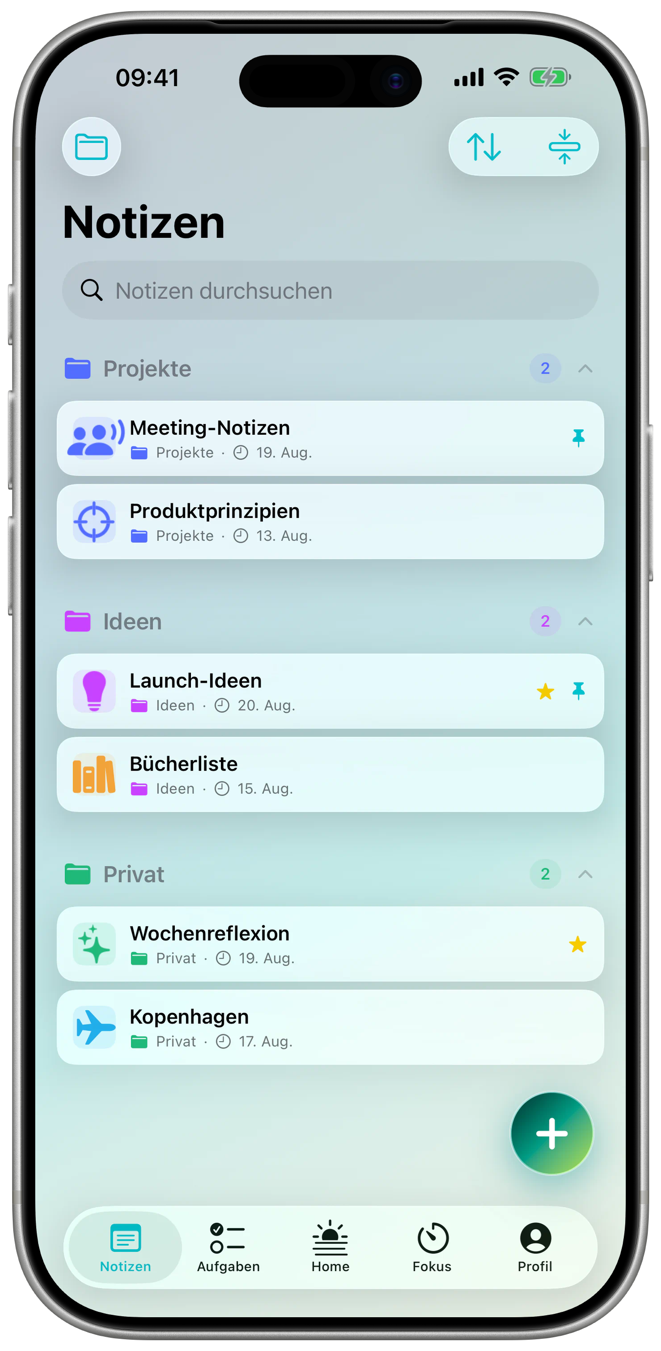 Notizübersicht in einem iPhone-Gehäuse.