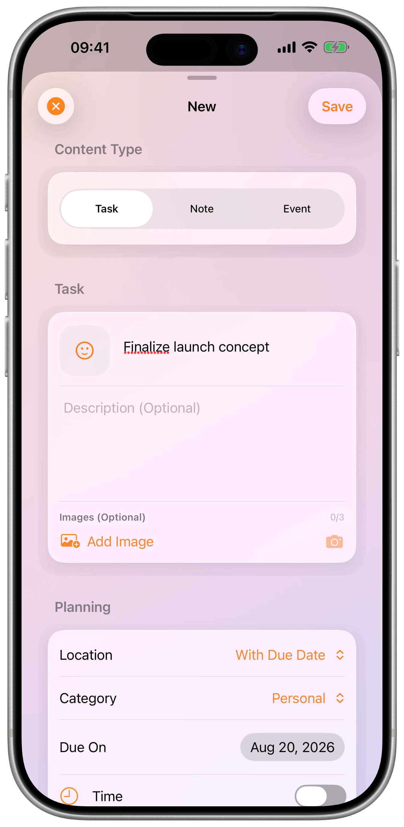 Creating a task in iFocus Plus in an iPhone housing.