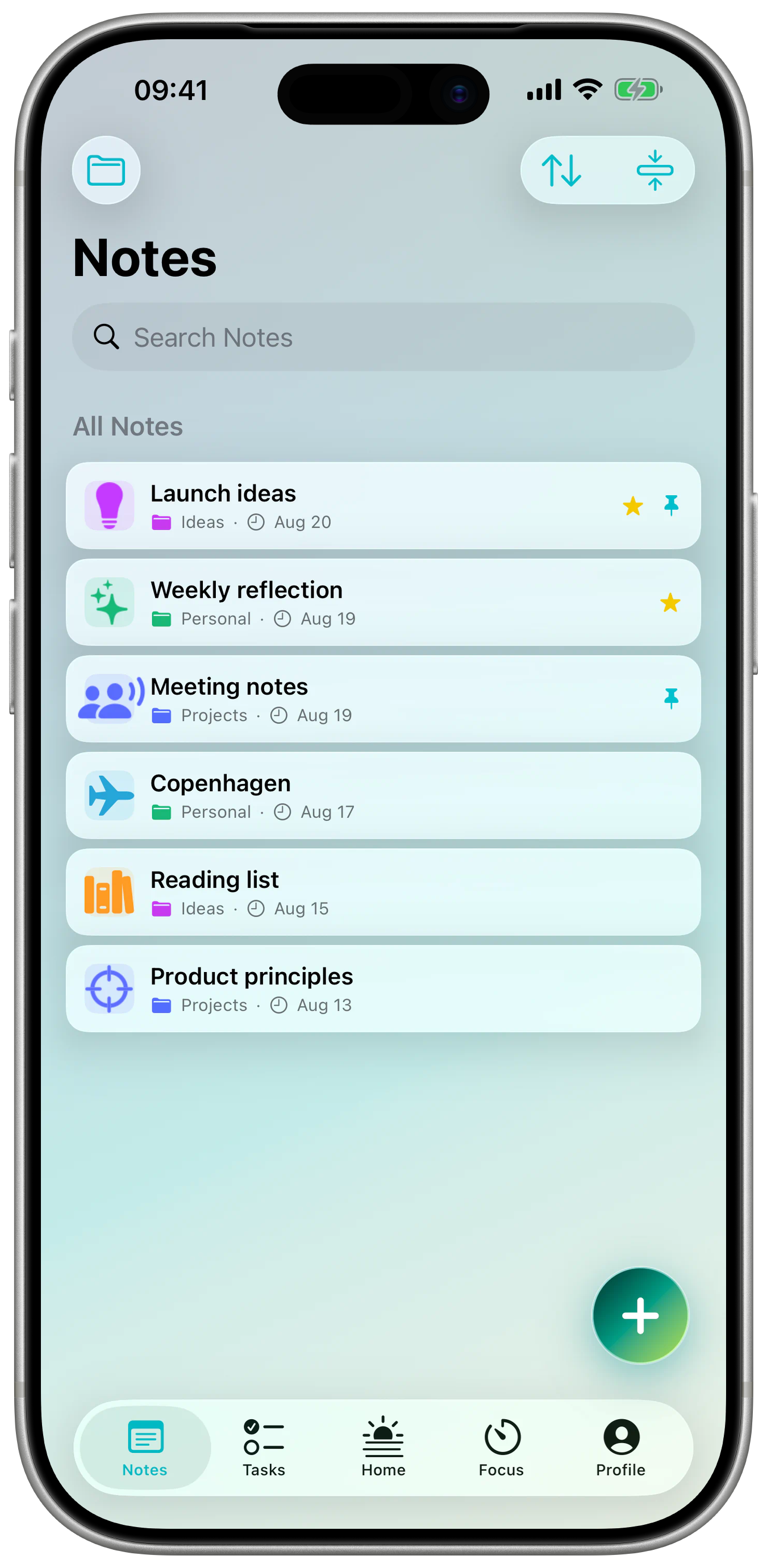 The iFocus Plus notes overview in an iPhone housing.